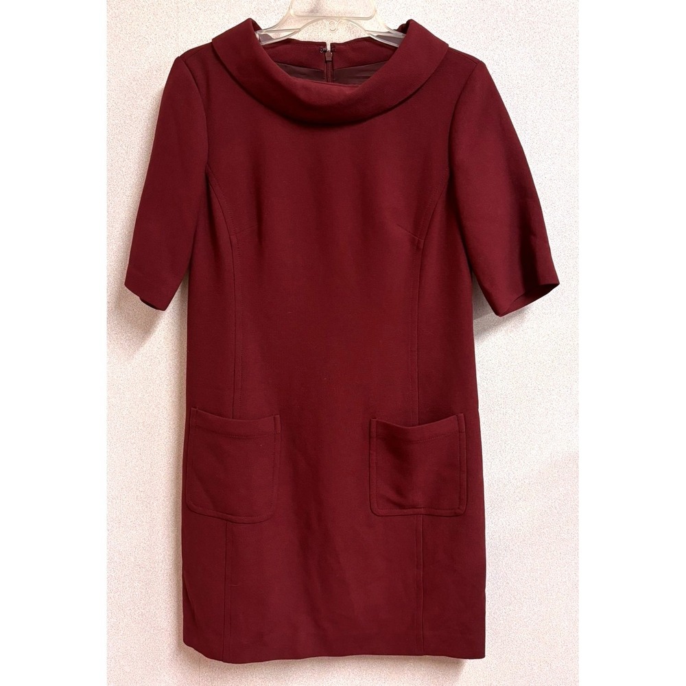 Trina Turk Shift Dress 4 Burgundy Excellent Cowl Neck Pocket Mod Retro Career